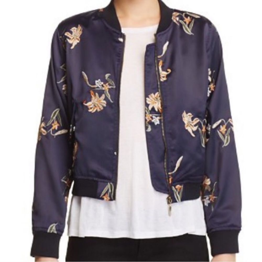 AQUA Floral Embroidered Satin Bomber Jacket